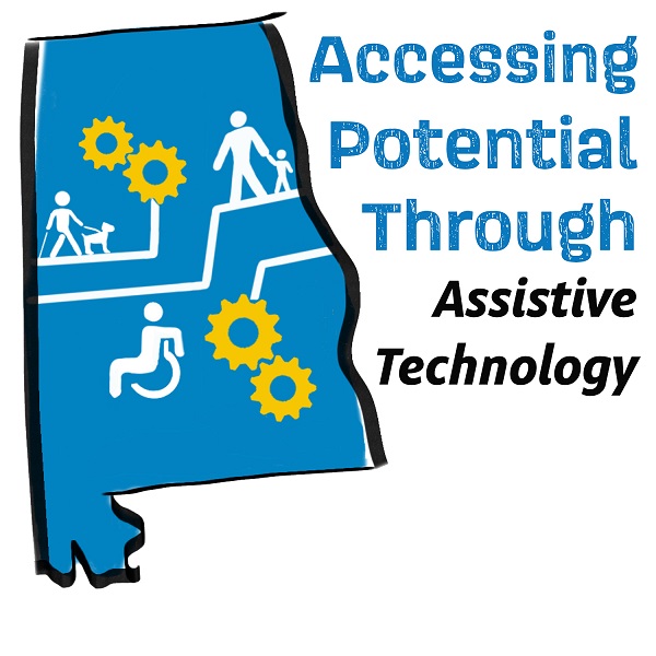 APTAT logo which includes a sketch of the state of Alabama in blue. Inside the state are graphics representing people with disabilities in the shape of a circuit board. To the right of the state reads text "Accessing Potential Through Assistive Technology"